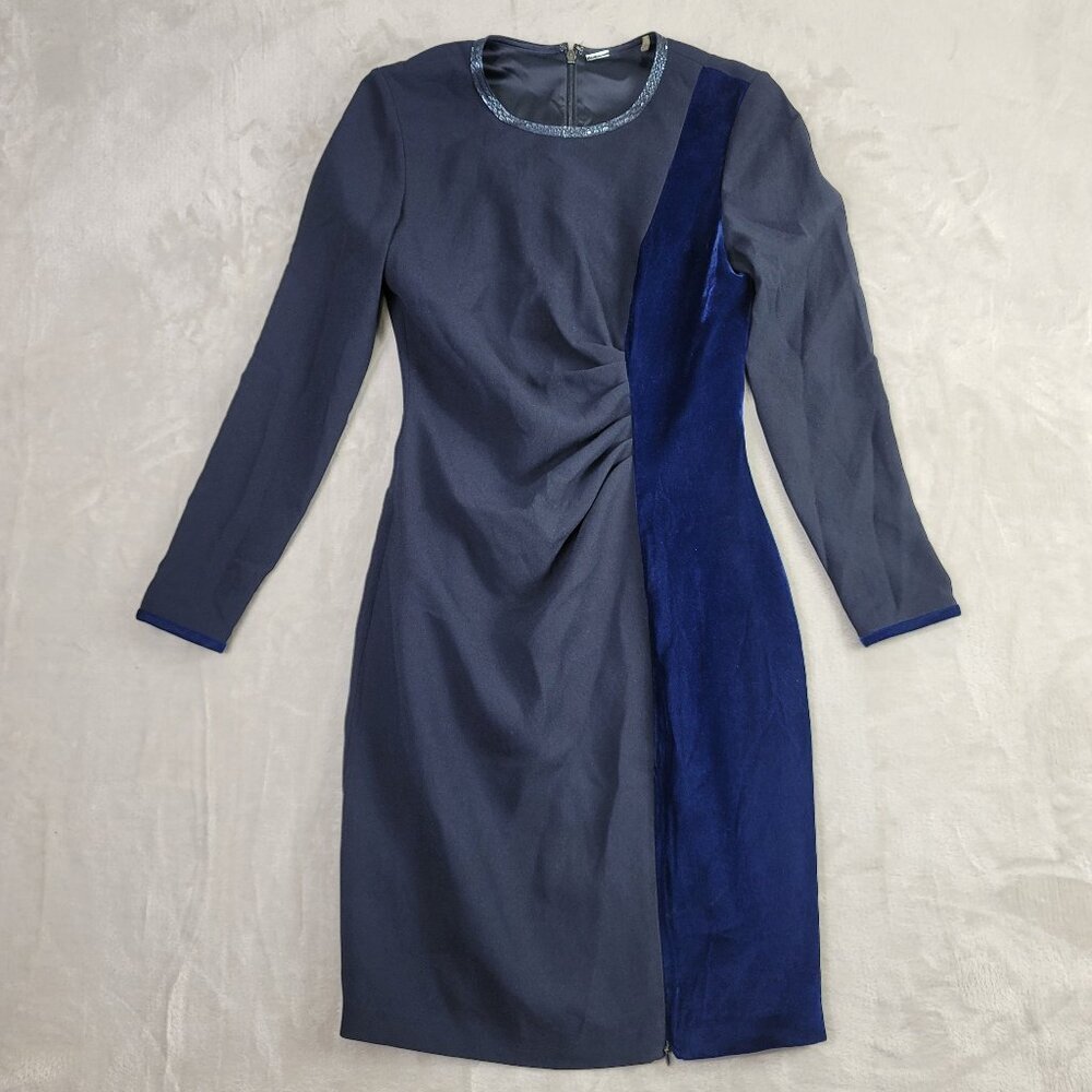 Elie Tahari Navy Blue Velvet Ruched Longsleeve Gathered Women's Dress | Size 2